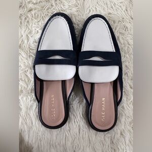 Cole Haan Navy and White Slip-On Mule Loafers